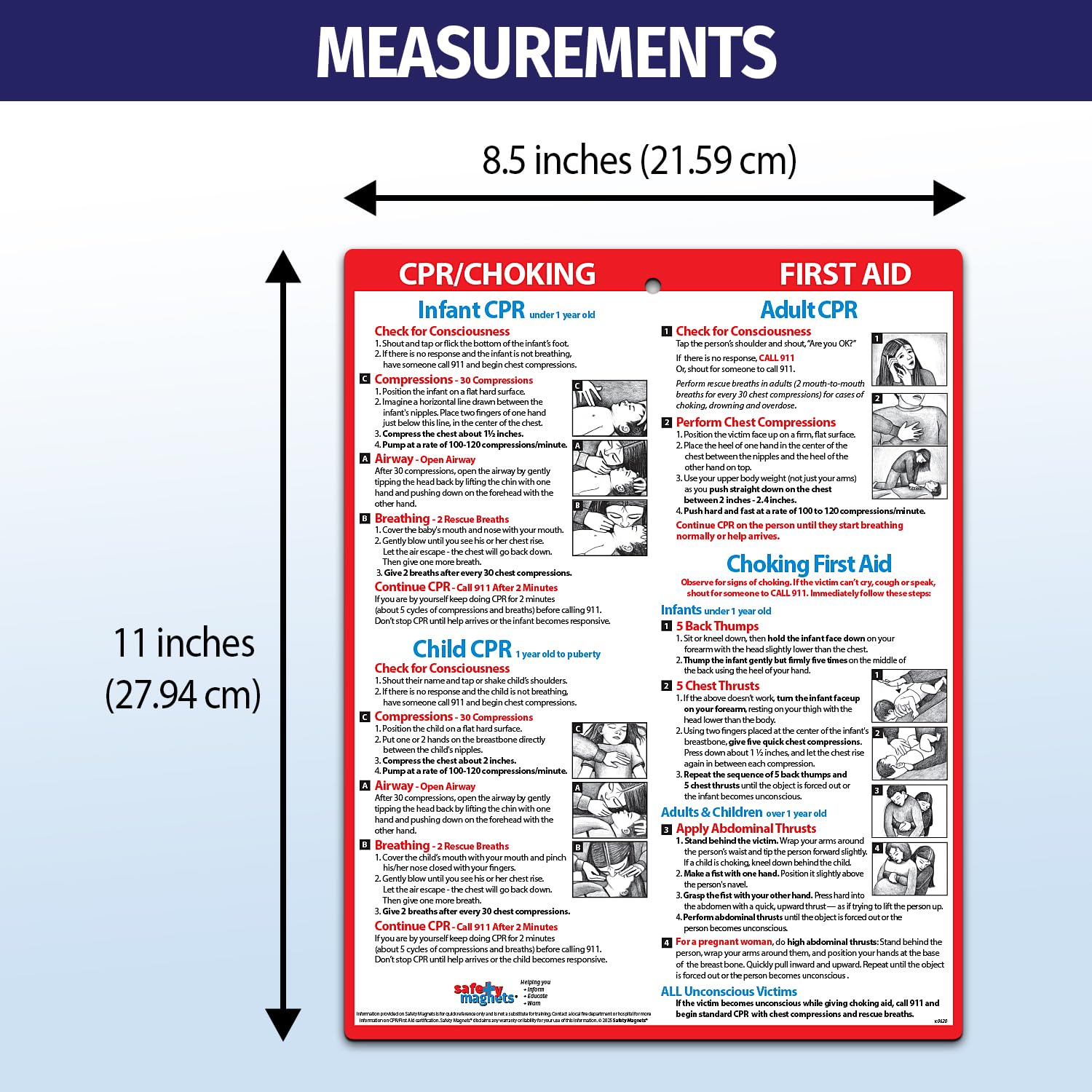 Safety Magnets by ZOCO – CPR & Choking Fridge Magnet – First Aid Instructions for Infants, Children, & Adults – Heimlich Maneuver Laminated Card 8.5
