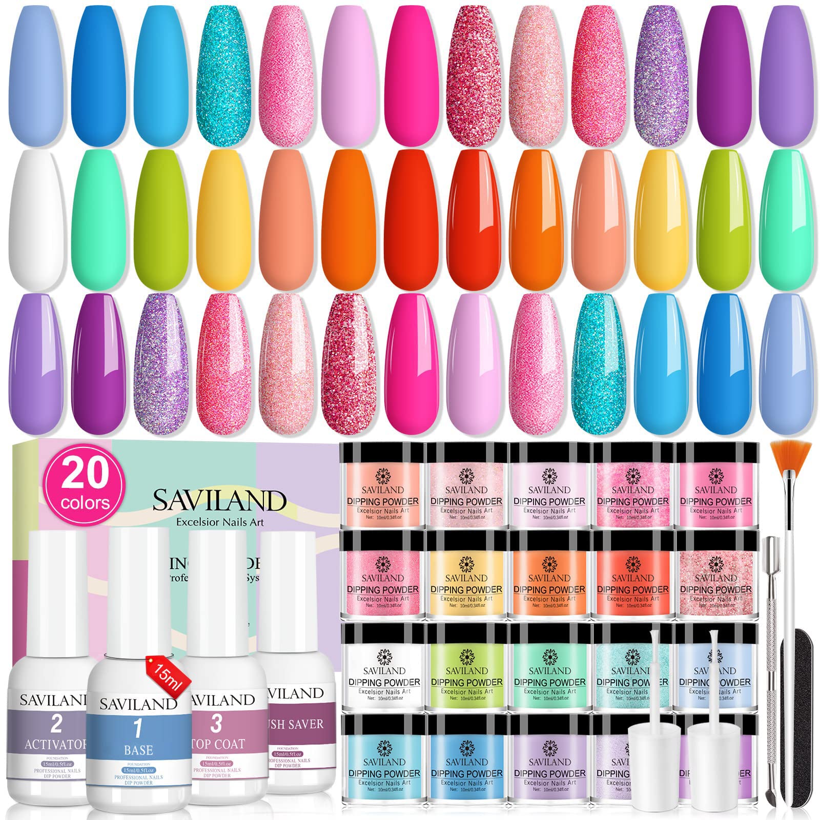 SAVILAND 30Pcs Dip Powder Nail Kit, 20 Vibrant Colors with Base & Top Coat, Activator & Brush Saver, No UV/LED Lamp Needed for Long-Lasting Manicure at Home & Salon