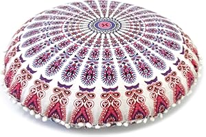 CRAFT KALA 32" Large Round Bohemian Floor Pillow Cover Boho Pouf Cover Mandala Meditation Room Pillows Cover Adults Seating Poufs Cushion Cover for Kids Reading Playroom New Pink Mirchi