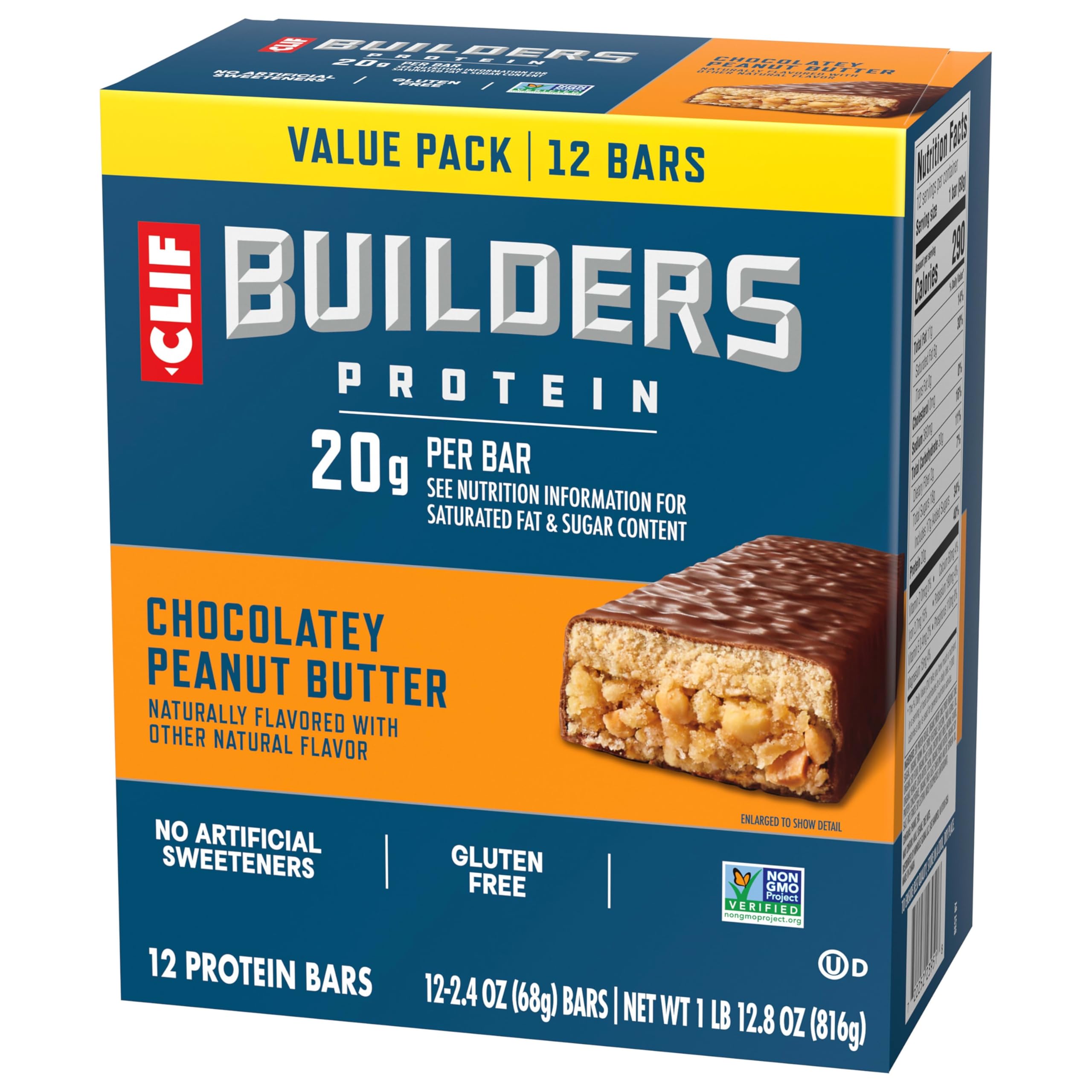 CLIF BUILDERS Protein Bars - Chocolate Peanut Butter Flavor - 20g Plant Based Protein - Gluten Free - Non-GMO - Low Glycemic - No Artificial Sweeteners - Value Pack, 2.4 oz. (12 Count)