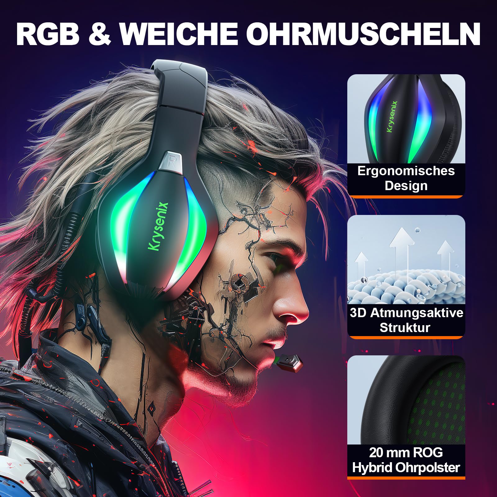 Krysenix PG1 RGB Gaming Headset für PS4, PS5, PC, Xbox,Switch, PS5 Gaming Kopfhörer mit LED Licht, Over Ear PC Headset mit Noise Cancelling Mikrofon und 3,5 mm Klinke,Dunkel grün 2