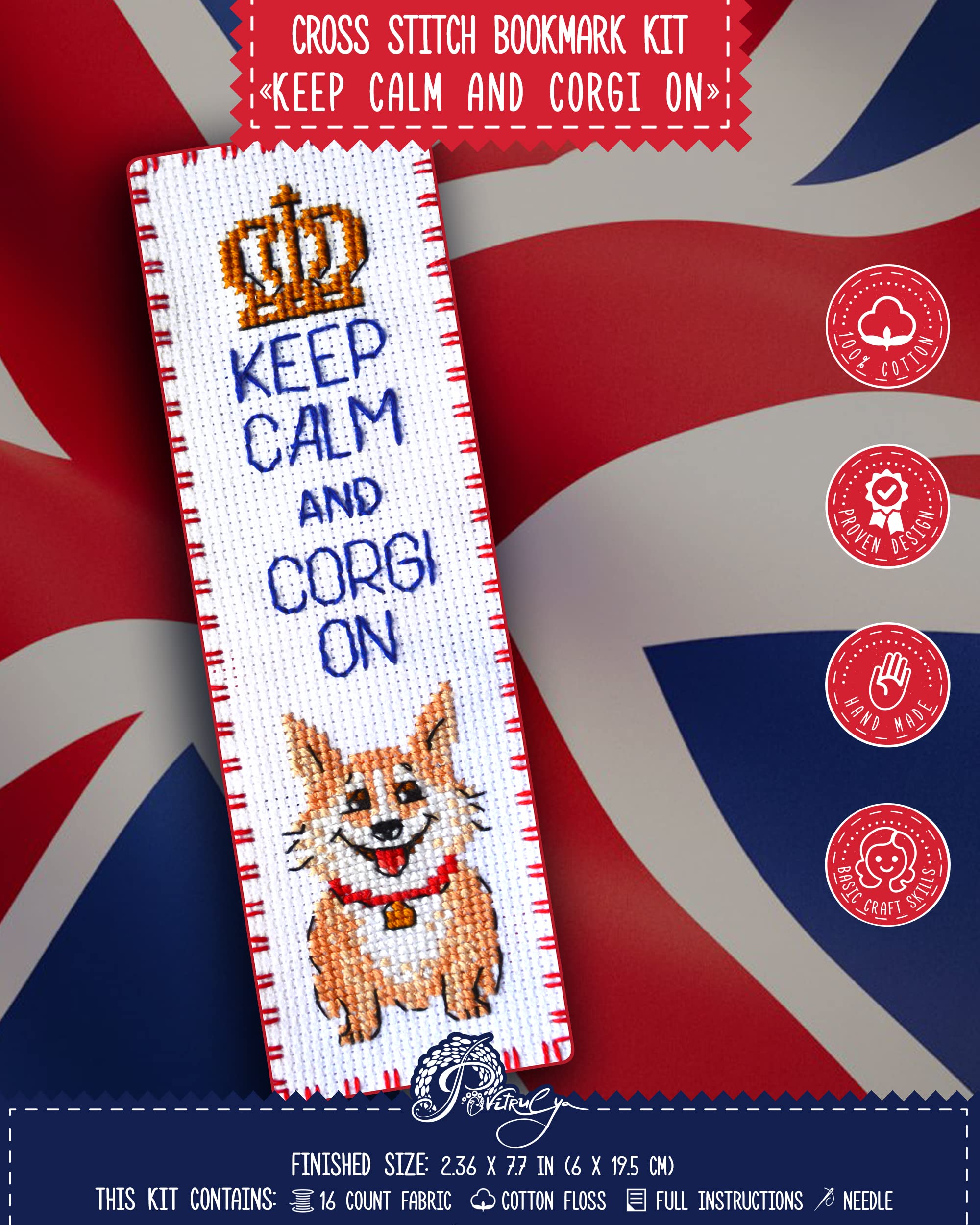 Povitrulya Counted Cross Stitch Kit 'Keep Calm and Corgi On' - DIY Embroidery Book Marker Set for Adults with Paper Pattern, 16 Count Aida Canvas and Presorted Floss