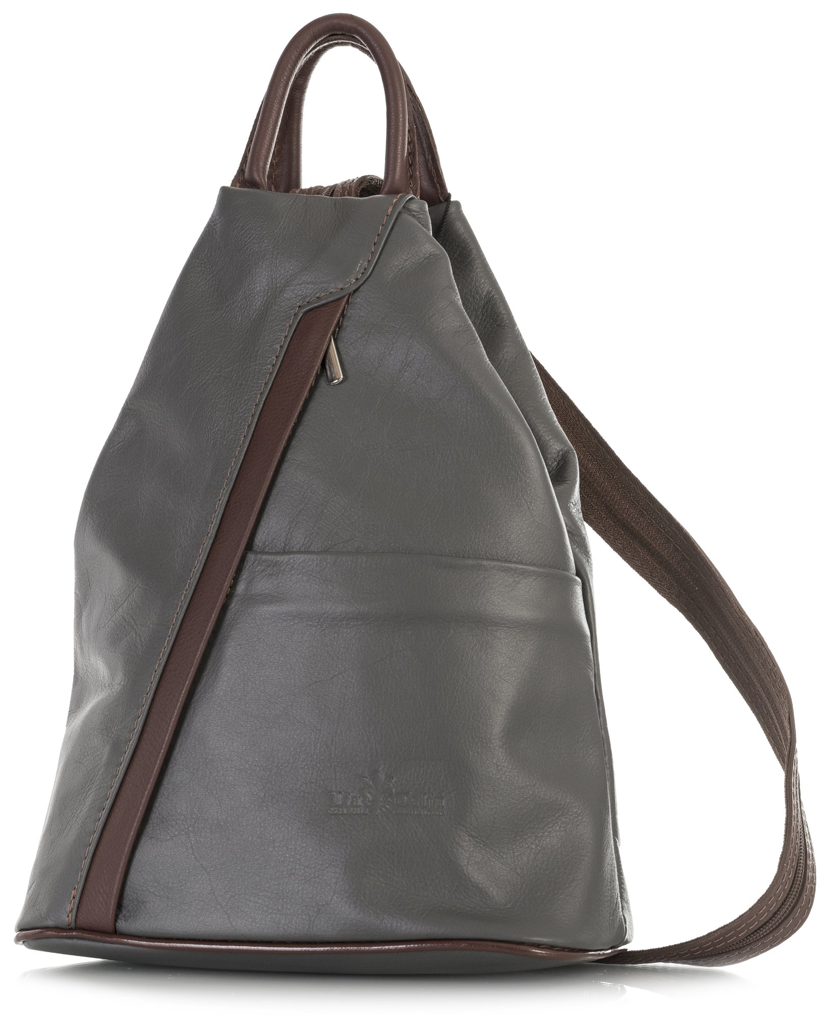 LiaTalia Unisex Backpack Bag - 100% Soft Italian Leather - Convertible Strap to Use as a Sling Handbag - Small Rucksack Duffle Bag - ALEX [Dark Grey - Brown Trim]