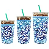 YR Reusable Neoprene Insulator Sleeve for Iced Coffee Cups, 3 Pack Coffee Coolies sleeves for Iced & Hot Drinks, Cold Beverage Cooler Compatible with Starbucks Coffee and More (Blue Leaves)