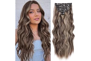 NAYOO Clip in Hair Extensions for Women 20 Inch Long Wavy Curly Dark Brown Mix Blonde Hair Extension Full Head Synthetic Hair Extension Hairpieces (6PCS, Dark Brown Mix Blonde)