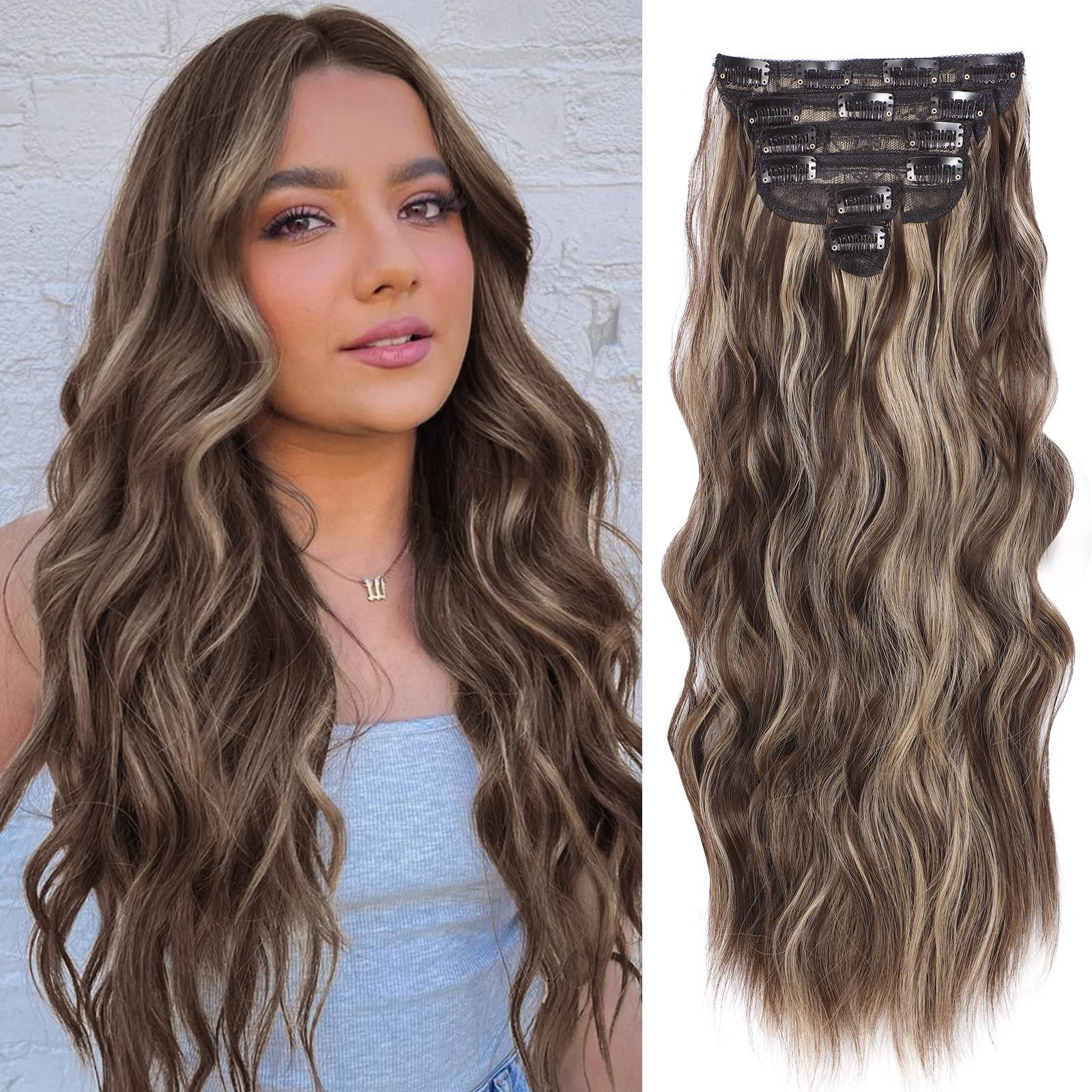 Photo 1 of NAYOO Clip in Hair Extensions for Women 20 Inch Long Wavy Curly Dark Brown Mix Blonde Hairpieces Full Head Synthetic Hair Hairpieces(6PCS, Dark Brown Mix Blonde)