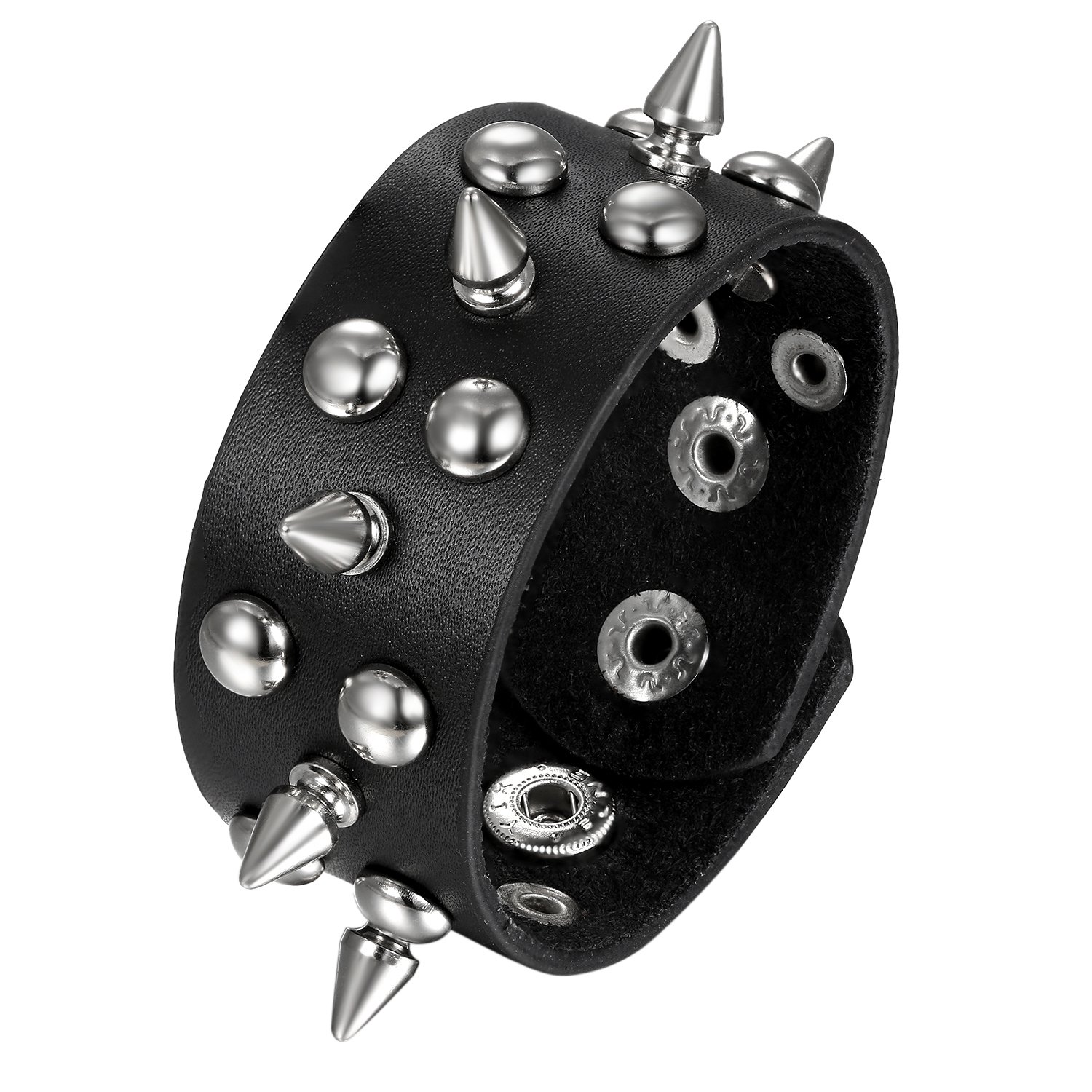 JewelryWe Rivet Punk Rock Spike Studded Biker Strap Leather Bracelet Neutral Black Wristband Adjustable For Men Women