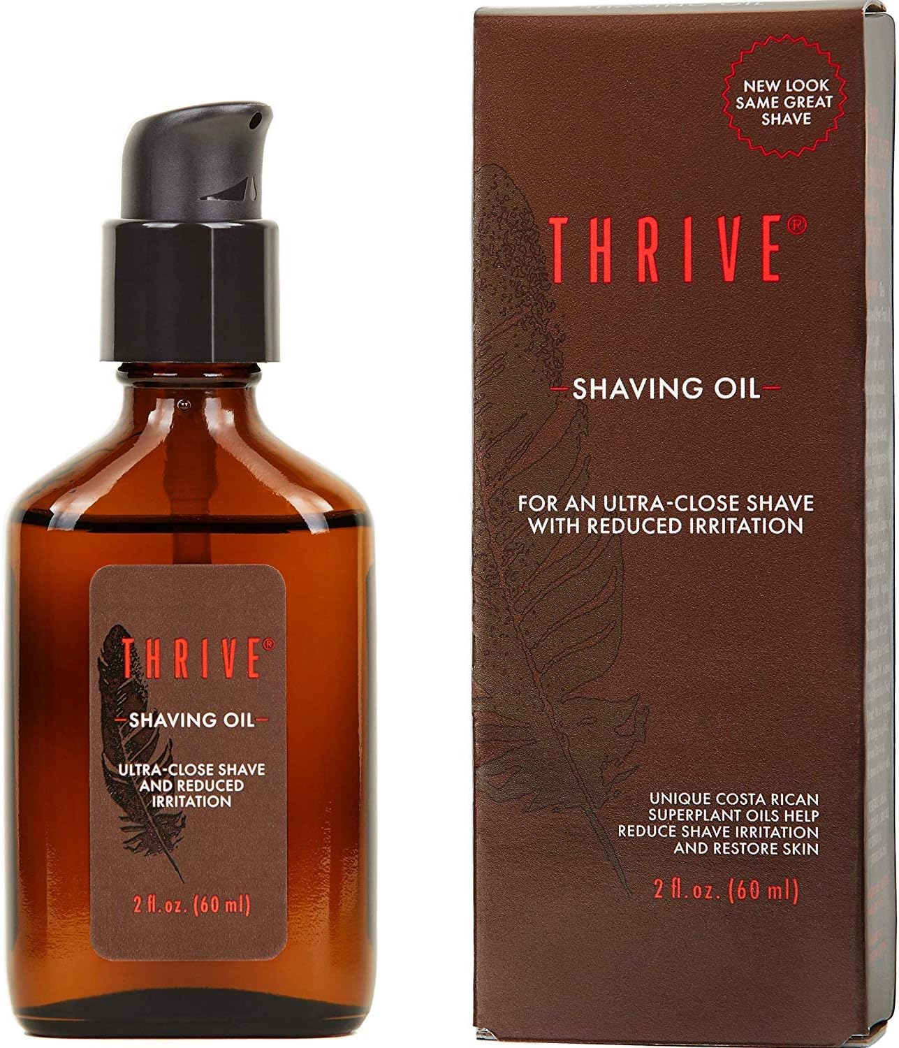 Thrive Natural Shave Oil for Men, 2 Ounces (60mL) – Replaces Pre-Shave Oils, Shaving Creams, Gels, and Foams – Shaving Oil Made in USA with Organic & Unique Premium Natural Ingredients – Vegan