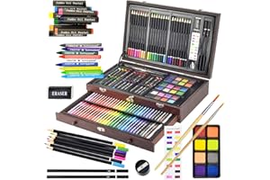 Sunnyglade 145 Piece Deluxe Art Set, Wooden Box & Drawing Kit with Crayons, Oil Pastels, Colored Pencils, Watercolor Cakes, Sketch Pencils, Paint Brush, Sharpener, Eraser, Color Chart (Cherry)