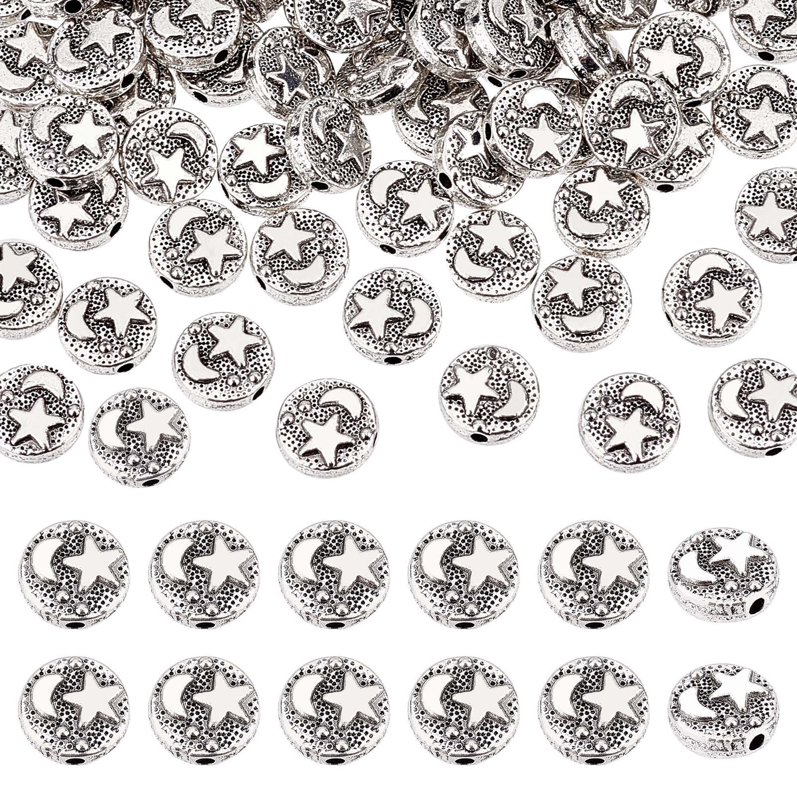 PH PandaHall 100pcs 9mm Moon Star Beads, Antique Silver Spacer Beads Tibetan Round Bead Five-Pointed Star Bead for Jewellery Making DIY Crafts Bracelet Necklace Eid Ramadan Mubarak