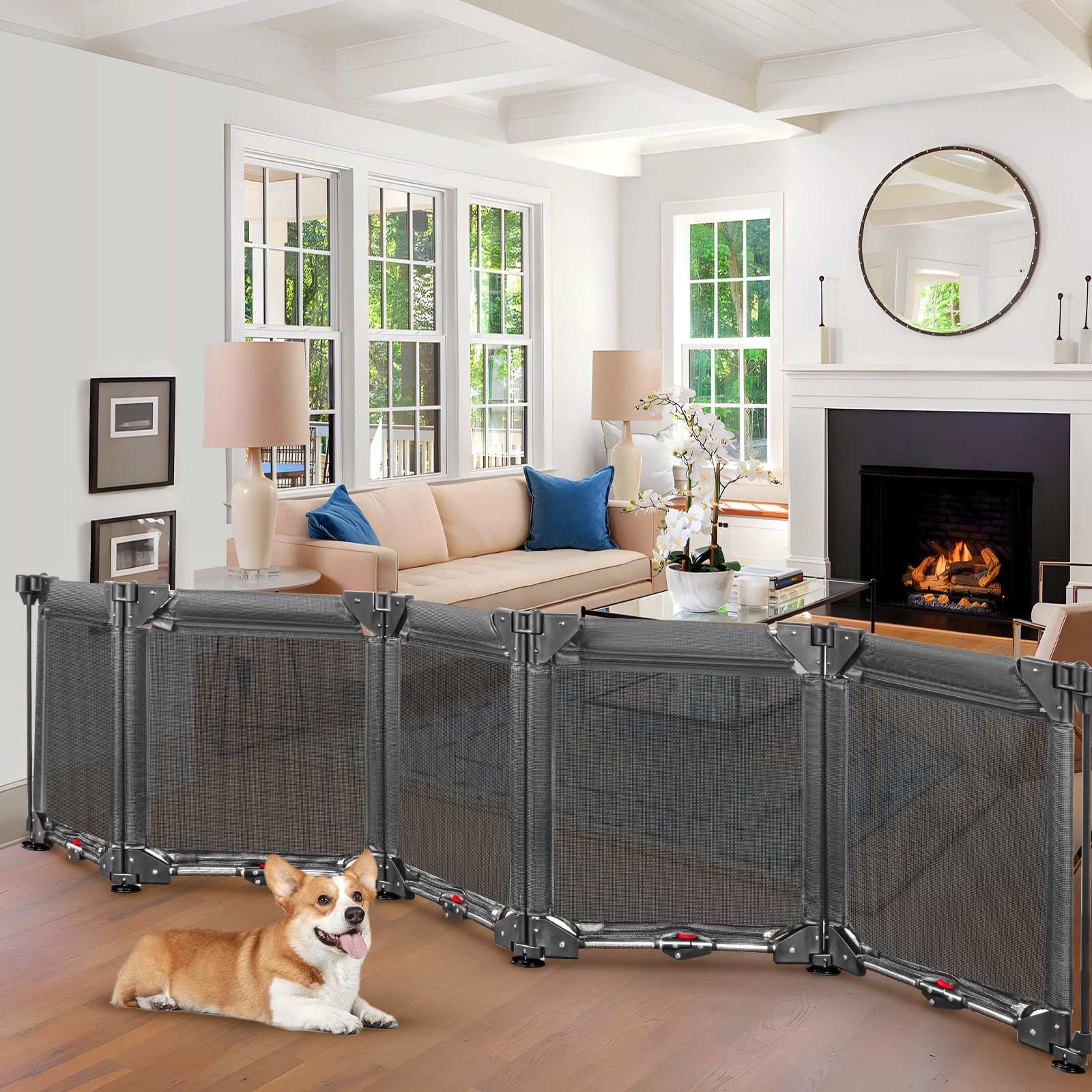 Photo 1 of 100" Extra Long Dog Gate Freestanding Gate with Strong Suction Cup No Screw 24" Tall Step Over Child Gate for Wide Opening 5 Panel Foldable Dog Gate Mesh Baby Gate Adjustable Pet Play Yard (Gray)