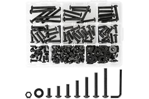 K Kwokker 1/4 20 Bolt and Nuts, 7 Sizes are 2", 1-1/2", 1-1/4", 1", 3/4", 5/8", 1/2", Button Head Hex Socket Cap Screws, Black, Full Machine UNC Thread, with Washers for Screws, 219Pcs Totally
