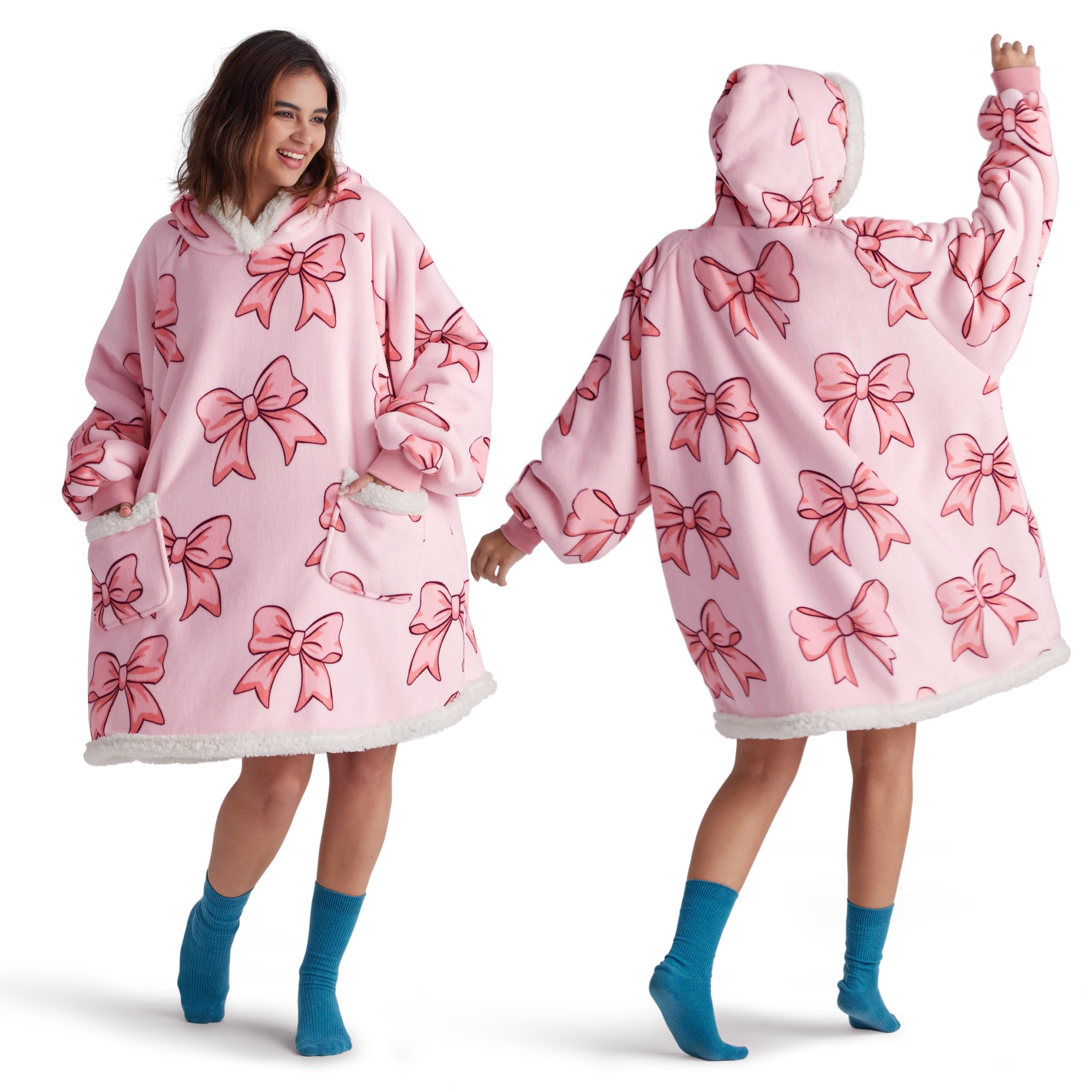 Photo 1 of **MINOR FABRIC PULLS FROM POSSIBLY A CAT*** Bedsure Wearable Blanket Hoodie, Sherpa Hooded Blanket Printed for Adult & Kids as Gifts for Women, Mom Gifts Sherpa Hoodie, Standard, Bow, Peach Pink