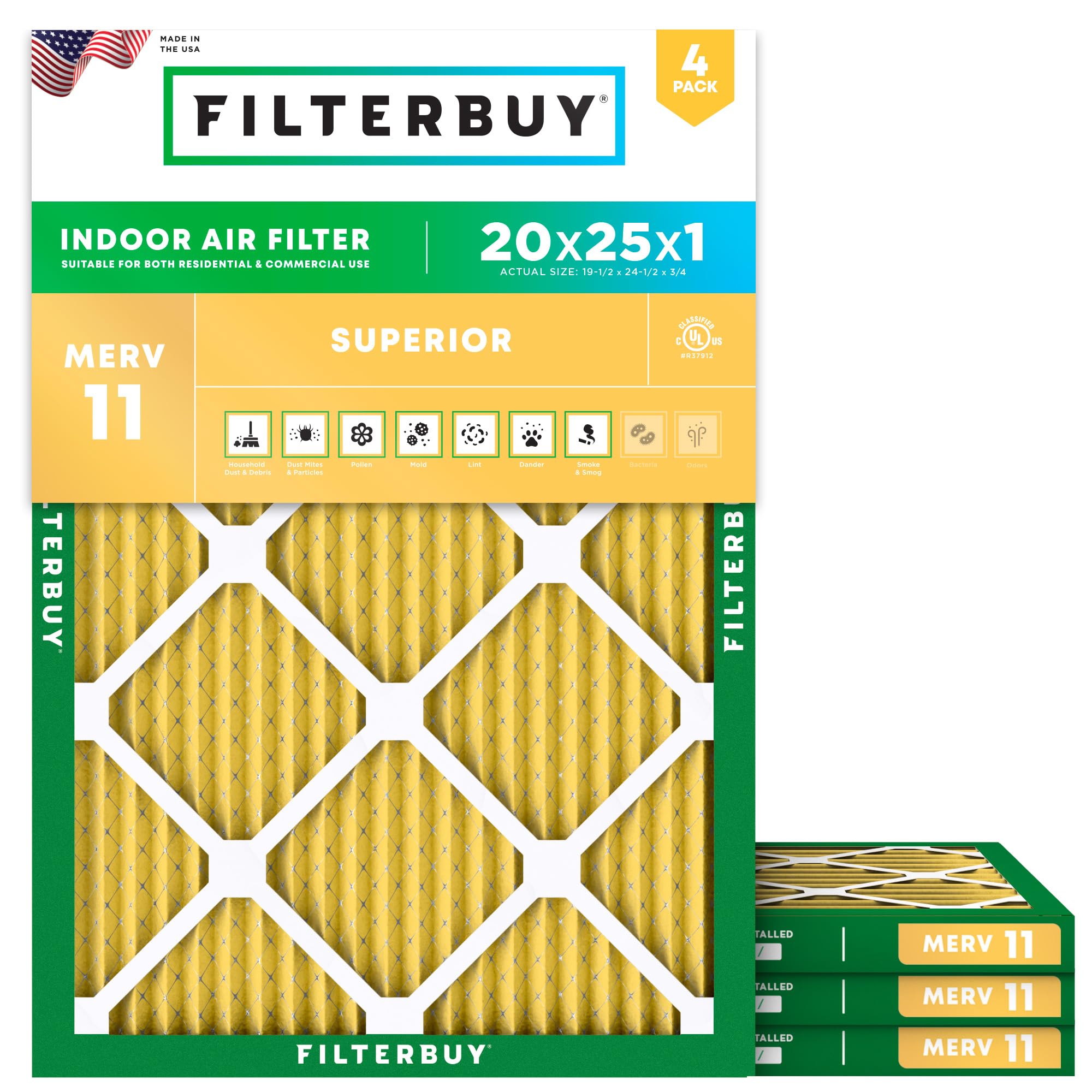 Filterbuy 20x25x1 Air Filter MERV 11 Pet & Allergy Defense (4-Pack)