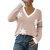 Viottiset Sweaters for Women Long Sleeve Oversized Pullovers Sweaters Soft Knit V Neck Tops Floral Clothes Fall Outfits