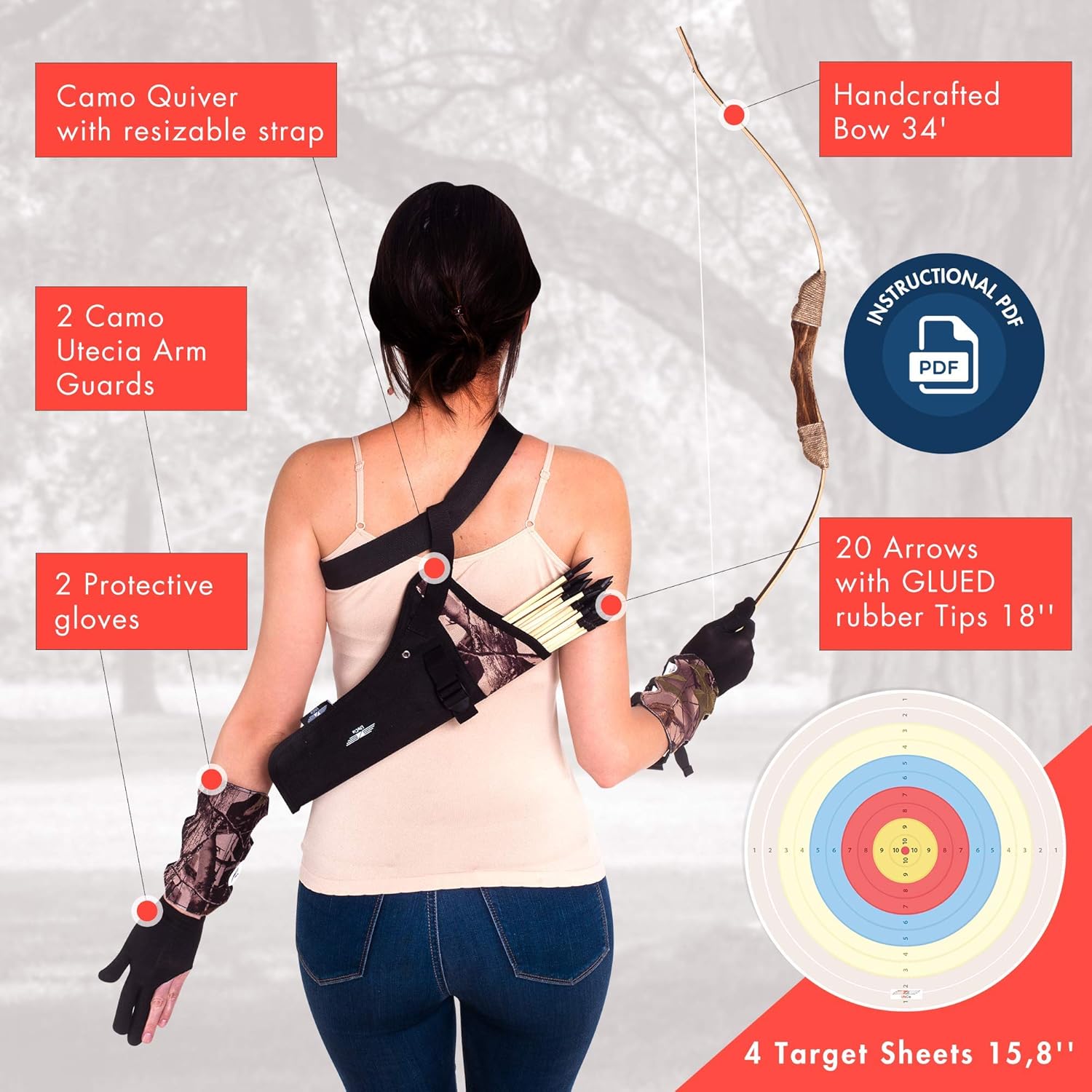 UTeCiA 30 Pcs Complete Archery Set for Kids & Beginners - Safety Rubber Tip Arrow Pack, Handcrafted Wooden Bow, Fabric Quiver, Arm Guard, Finger Glove, Target Sheets - Outdoor and Indoor Shooting Toy : Sports & Outdoors