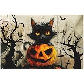 Black Cat Pumpkin Halloween Front Door Mat Black Orange Seasonal Area Rug 2x3 Fall Holiday Doormat Low Pile Throw Rugs Indoor Outdoor Entryway Carpet for Living Room Bedroom Decor