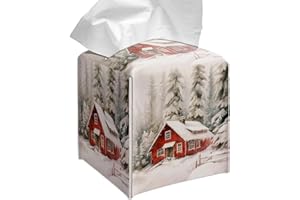 Grace Yonks Winter Tissue Box Cover Square, Red Cabin in Snow Forest Design Cube Case for Facial Tissues, 5.2" PU Leather. (092)