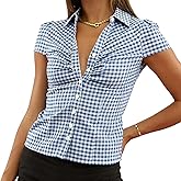Women Y2K Plaid Button Down Shirt Sexy V-Neck Turn Down Collar Cap Sleeve Back Tie Up Casual Crop Top