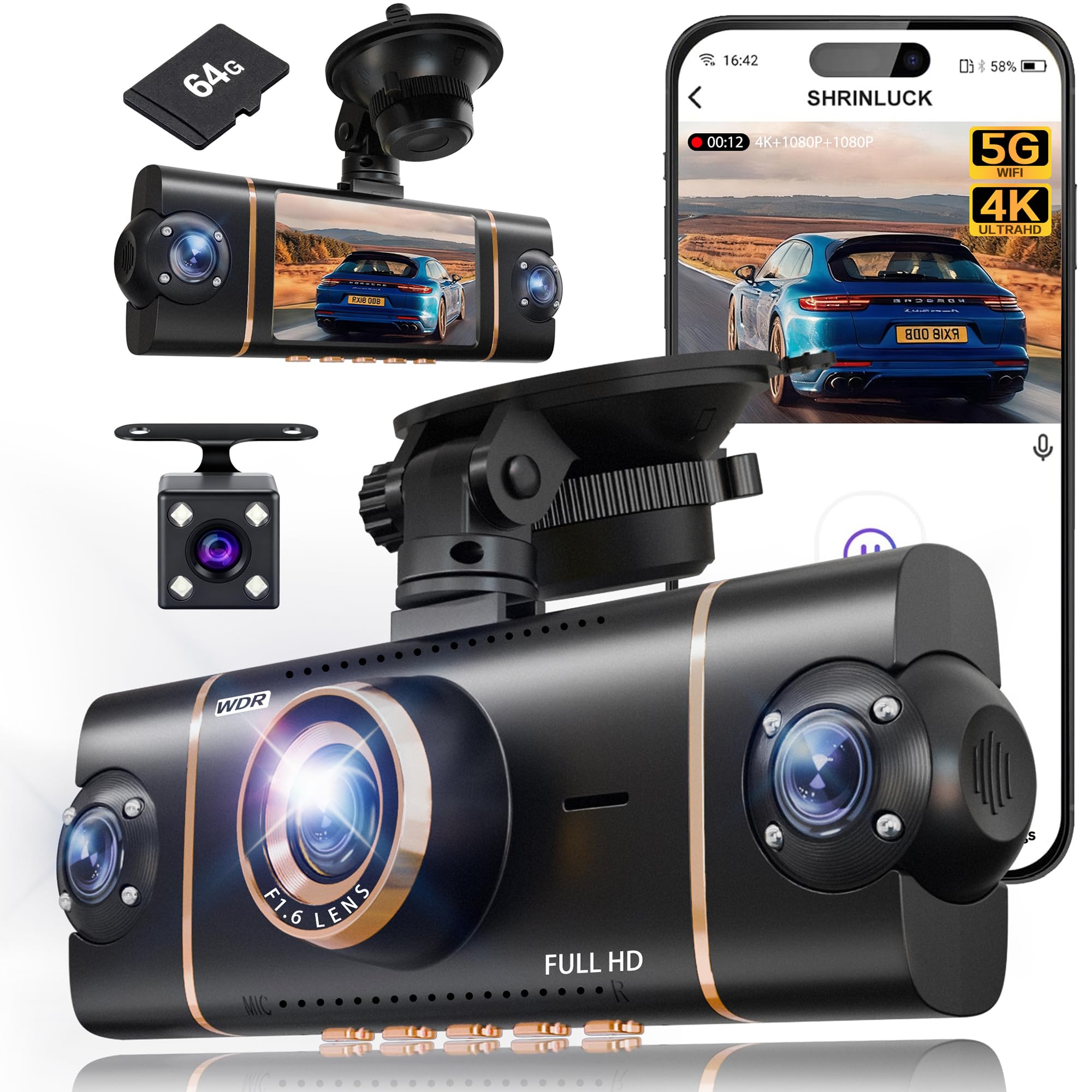 Photo 1 of ***SIMILAR**4 Channel 360° Dash Cam Front Rear Inside & Left Right, 4K+1080P*3 FHD Car Camera, 5GHz WiFi & App Control, 8 IR Lamps Night Vision, 24H Parking Mode, G-Sensor, Loop Recording, Includes 64GB SD Card