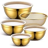 Teenyyou Gold Mixing Bowls with Airtight Lids Stainless Steel Mixing Bowl Set of 5, 4 Metal Nesting Organizers 4 in 1 Colander Non-slip Bottom Size 1.5, 2.0, 2.5, 4.0 Qt for Baking Serving Food