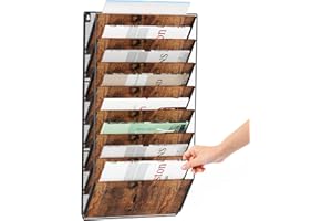 HOYRR Wall File Organizer, Wall File Holder, 8 Pockets Hanging Wall File Organizer, Iron and Wood Combination Wall Mount File Organizer, For Home and Office