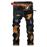 Enrica Men's Ripped Straight Slim Moto Biker Jeans