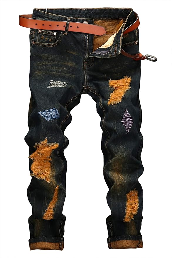Enrica Men's Straight Slim Fit Ripped Distressed Jeans with Patches