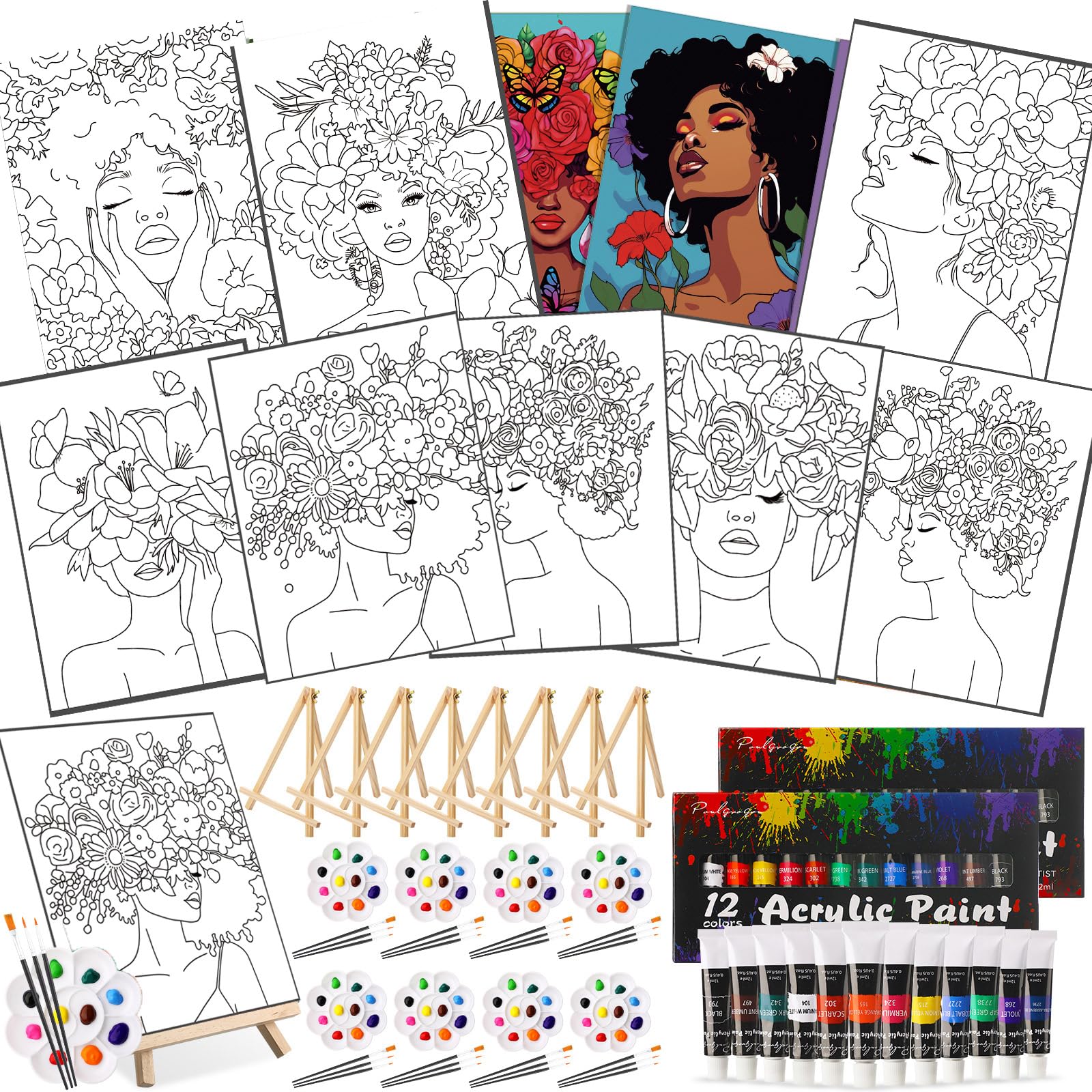 Ctosree 72 Pcs Flower Lady Paint and Sip Kit for Adults 8'' x 10'' Pre ...