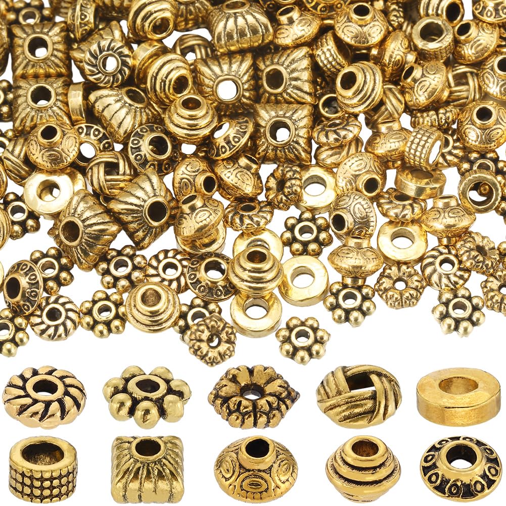 SUNNYCLUE 1 Box 250Pcs 10 Styles Gold Spacer Beads Bulk Metal Flower Beads Tibetan Alloy Antique Golden Tube Flat Rondelle Small Loose Beads for jewellery Making Bracelet Necklace Earrings DIY Crafts