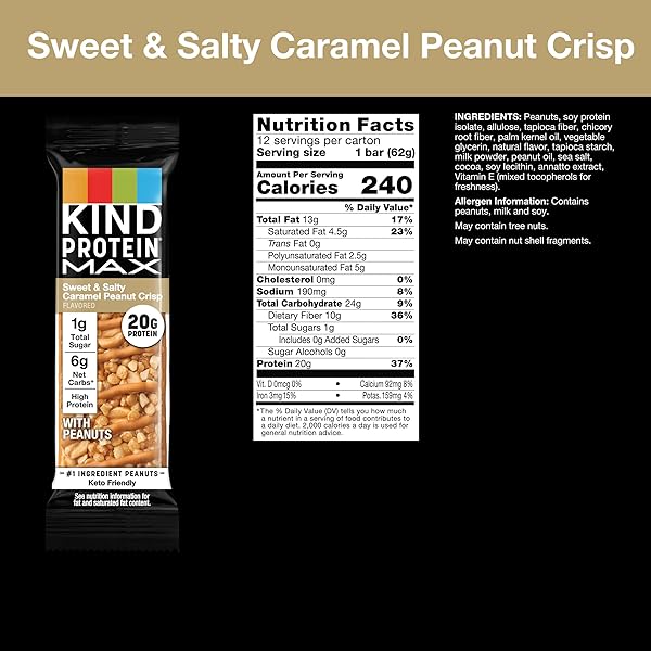 KIND PROTEIN MAX SWEET & SALTY CARAMEL PEANUT CRISP SNACK BARS, KETO FRIENDLY, 20G PROTEIN, 12 COUNT