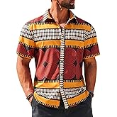 Runcati Mens Short Sleeve Shirts Button Down African Traditional Pattern Dashiki Shirt Casual Vintage Floral Hippie Tops