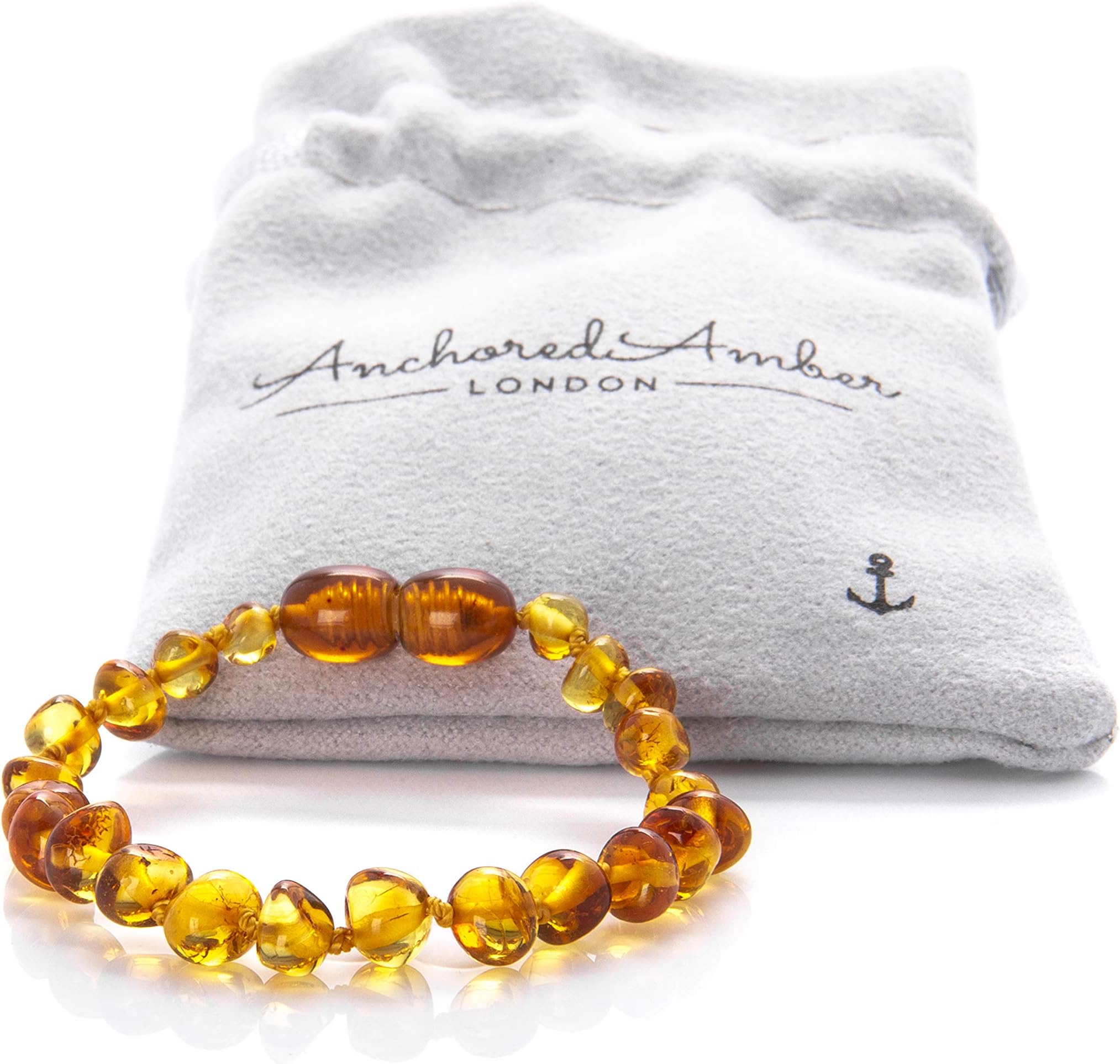 Premium Natural Baltic Amber Anklet/Bracelet - Anchored Amber. (12cm, 14cm, 16cm, 18cm) (Cognac, Honey, Dark Cognac, Lemon, Multi)