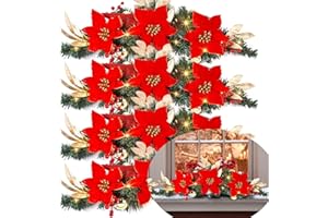 Norme 4 Pack 30 Inch Christmas Window Swags with Lights, Large Christmas Poinsettia Swag for Front Door, Fireplace Decoration, Artificial Xmas Decor for Mantel Wall Lintel Indoor Outdoor (Red)