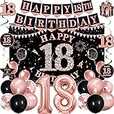 18th Birthday Decorations for Girls, Rose Gold Black Happy 18th Birthday Party Decorations, Happy 18th Birthday Backdrop, Foil Balloons 18, Banner, Balloons, Hanging Swirls, Birthday Cards Set 45pcs