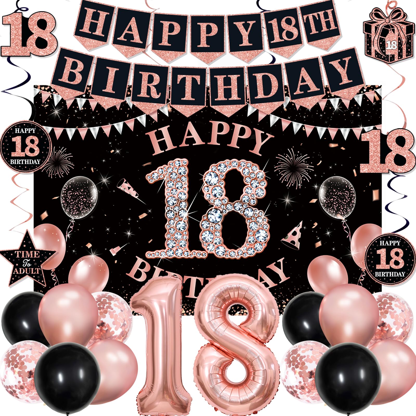 Photo 1 of 18th Birthday Decorations for Girls, Rose Gold Black Happy 18th Birthday Party Decorations, Happy 18th Birthday Backdrop, 18 Foil Balloons, Banner, Balloons, Hanging Swirls, Birthday Cards Set 45pcs