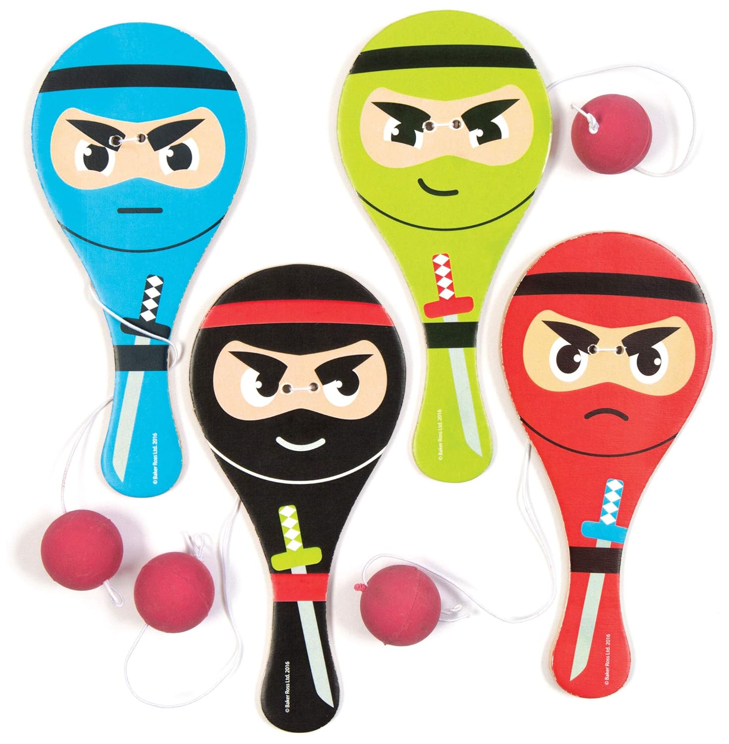 Baker Ross AC849 Ninja Paddle Bat and Ball, for Kids Party Bags Small Gifts or Outdoor Play (Pack of 4), Assorted