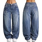 EMMIOL 2026 Women’s Mid High Waisted Wide Leg Jeans Rivet Y2K Baggy Jeans Trendy Loose Straight Denim Pants with Pockets