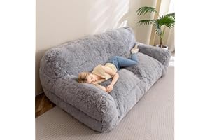 HIGOGOGO Giant Human Dog Sofa Bed, Big Comfy Floor Sofa Couch for Pet Families with Foam Chunk Supportive Mat, Fluffy Faux Fur Orthopedic Dog Bed for Human, XXXL Size, Grey