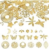 Craftdady 38Pcs Golden Filigree Charms Flat Round Butterfly Dragonfly Leaf Moon Star Charms Etched Metal Pendants Hollow Embellishments for DIY Bracelet Necklace Jewelry Making,19 Styles