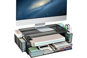 AUPSEN 2 Tier Computer Monitor Stands with Drawer and 2 Pencil Holder, Metal Monitor Stand Monitor riser, Computer Desk Organizer and Accessories for Laptop, Computer, Printer, Office Supplies(Black)