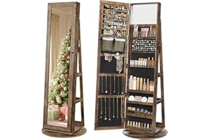 SONGMICS 360° Swivel Jewelry Cabinet, Lockable Jewelry Organizer with Full-Length Mirror, Rear Storage Shelves, Interior Mirror, Jewelry Armoire, Christmas Gifts for Women, Rustic Brown UJJC006X01