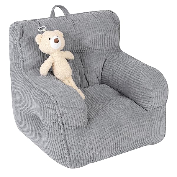 MOMCAYWEX KIDS BEAN BAG CHAIR WITH A PLUSH BEAR, COMFY TODDLER CHAIR FOR BOYS AND GIRLS, GREY