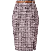 Kate Kasin Women's Tweed Pencil Skirt Knee Length High Waisted Skirts with Slit Elegant Skirts with Belt