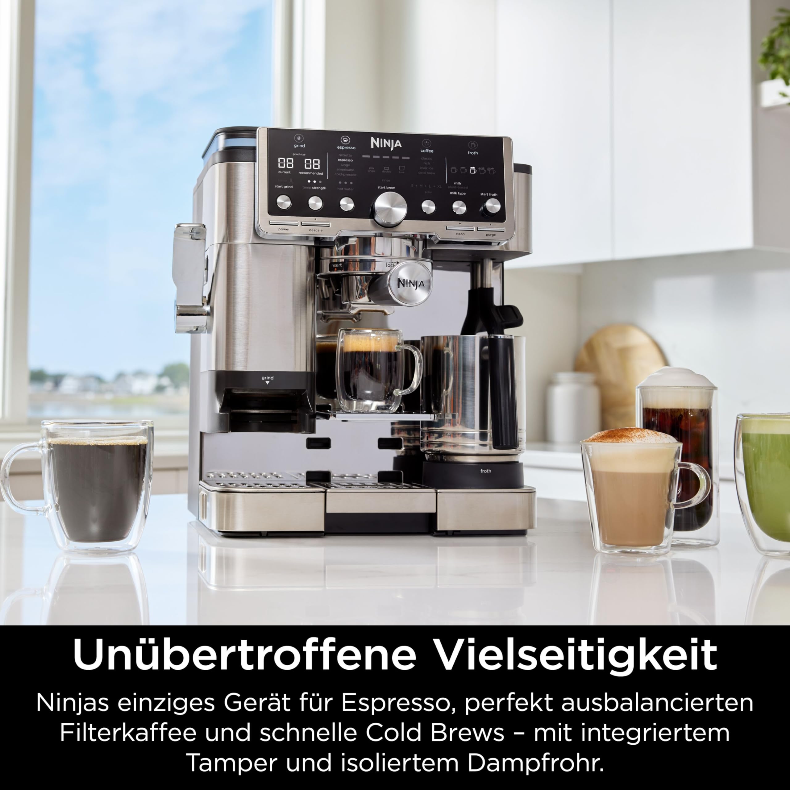 Ninja Luxe Pro 3-in-1-Kaffeemaschine mit Mahlwerk und Aufschäumer für Latte, Cappuccino, Cold Brew & Espresso, einfache Handhabung, 5 Voreinstellungen zum Aufschäumen, Silber, ES701EU 2