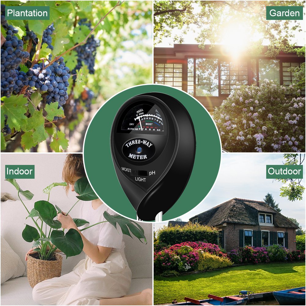 Sonkir Soil Tester, MS03 3-in-1 Plant Moisture Sensor Meter/Light/pH Tester for Home, Garden, Lawn, Farm, Indoor & Outdoor Use, Promote Plants Healthy Growth (Black)