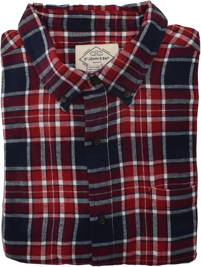 St. John's Bay Men's Long Sleeve Flannel Shirt (Navy Red Plaid) at