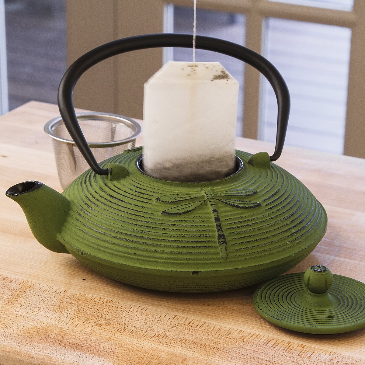 Primula Cast Iron Teapot Green Dragonfly Design w/Stainless Steel