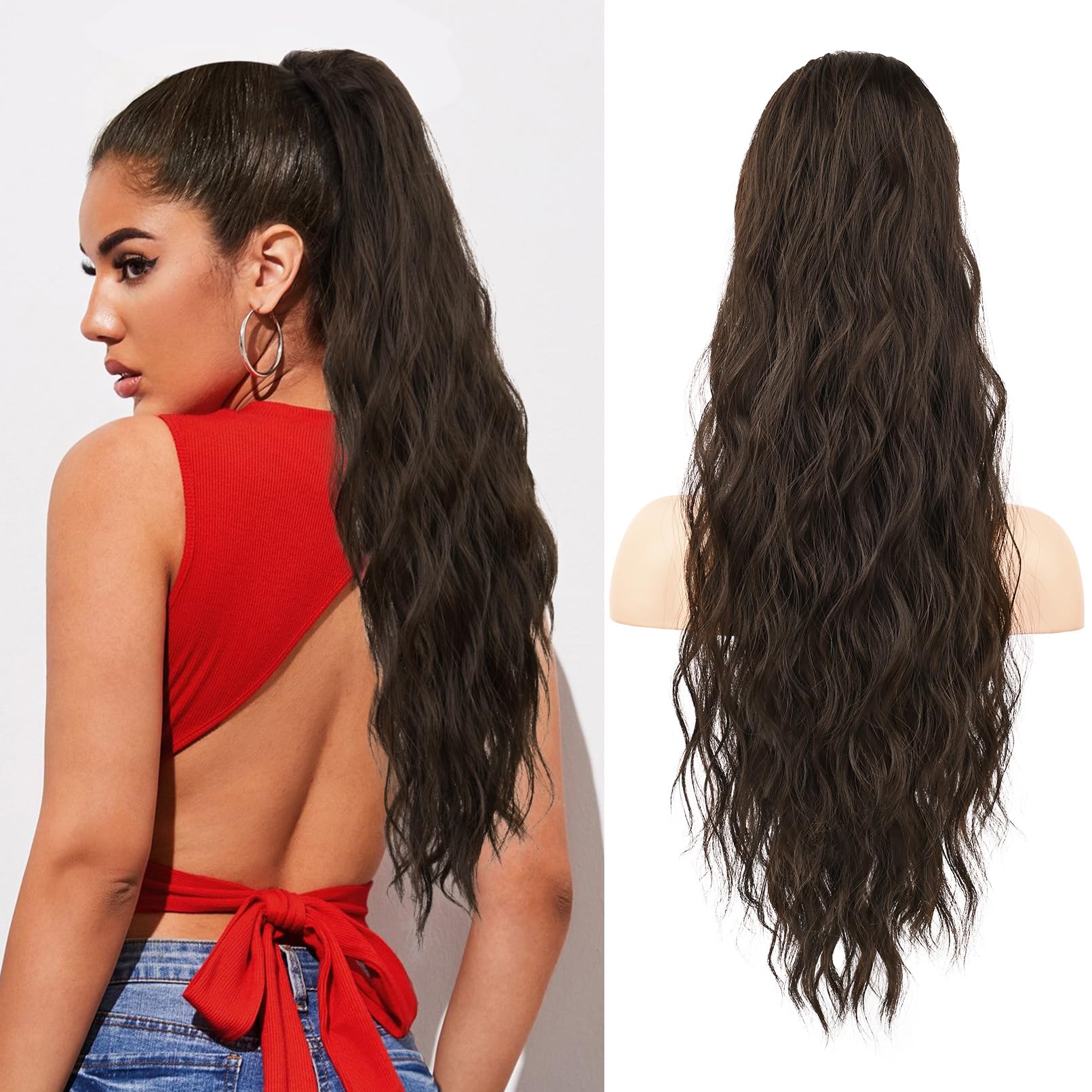 Photo 1 of Flufymooz Ponytail Extension, 26 Inch Drawstring Ponytail Hair Extensions for Women? Long Curly Wavy Pony Tail Natural Wavy Synthetic Hairpiece for Women, Daily Use Party (Dark Chocolate Brown)