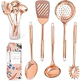 Copper Cooking Utensils Set – 5-Piece Rose Gold Stainless Steel Kitchen Tools for Cooking and Serving Includes Ladle, Spoon, 